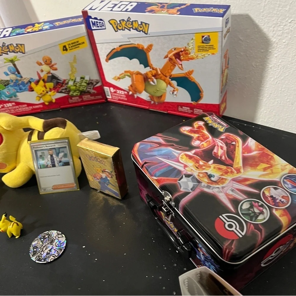 Mega Lego Charmander Pokemon Trading Card Set Pikachu Plush Etc., NWOT & EUC